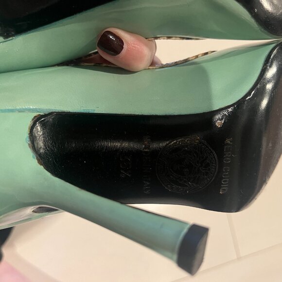 Gianni Versace Open Toe Pale Green Patent Leather Heels with Snakeskin Trim 5.5 - Picture 5 of 10